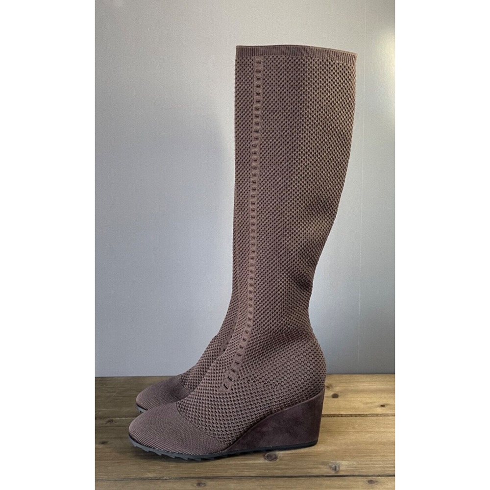 Elegant Brown Knit Knee-High Wedge Boots - Picture 5 of 10